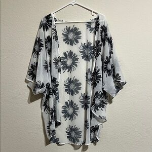Daisy Print Sheer Kimono Open Front Cardigan, Beach Swimsuit Cover-up